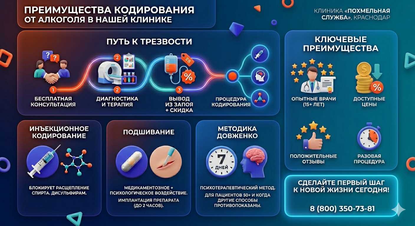 Инфографика о методах кодирования от алкоголя в Жуковском: инъекции, подшивание, метод Довженко. Преимущества клиники и этапы лечения.